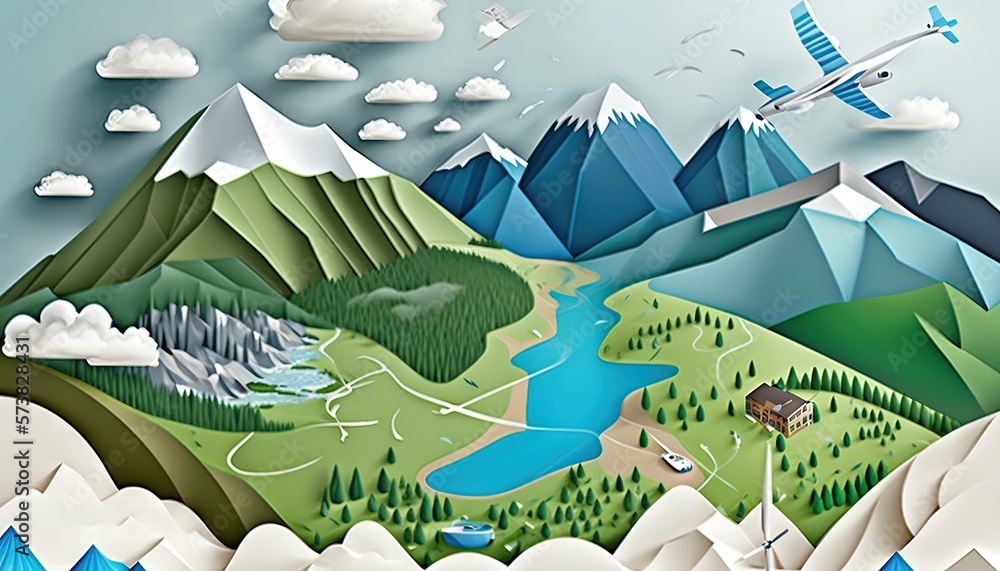  a paper cut of a mountain landscape with a lake and a plane in the sky and a mountain range in the 