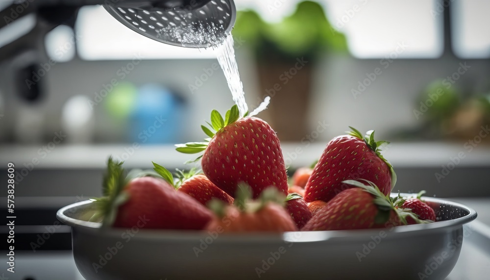  a bowl of strawberries is being washed by a faucet on a kitchen countertop with a window in the bac