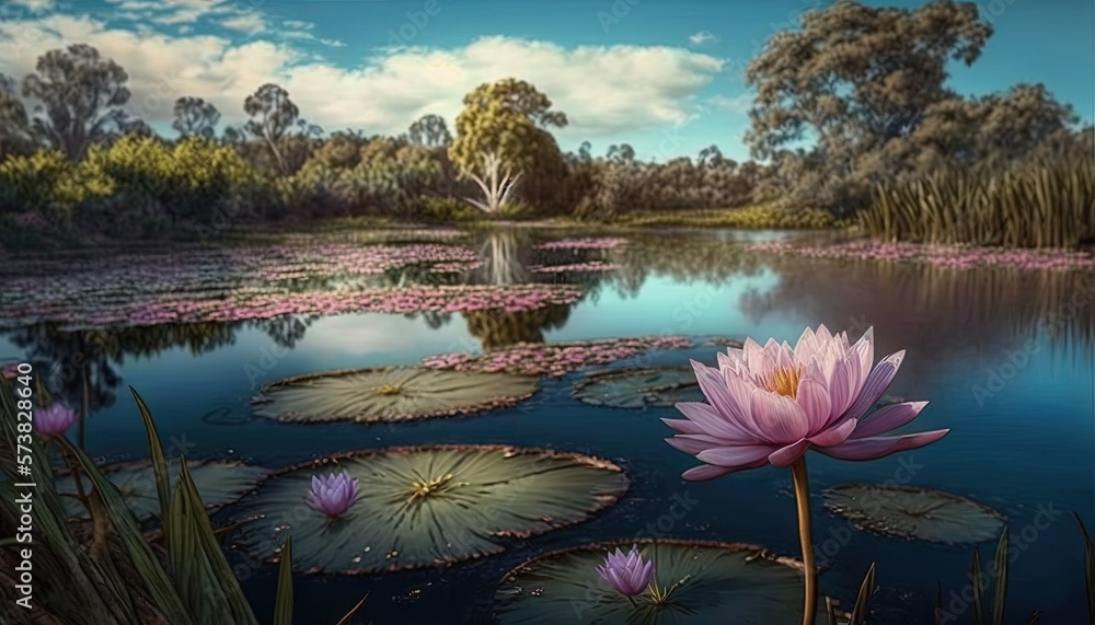  a painting of a pond with lily pads and trees in the background and a blue sky with clouds and a fe