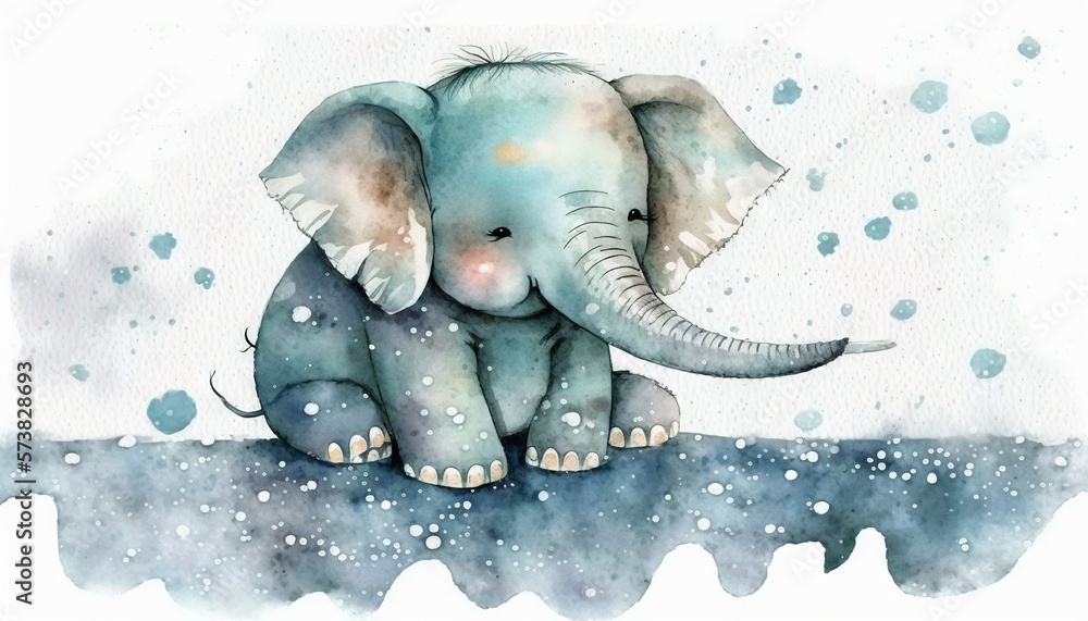  a watercolor painting of a baby elephant sitting on a snow covered ground with snow flakes on its 