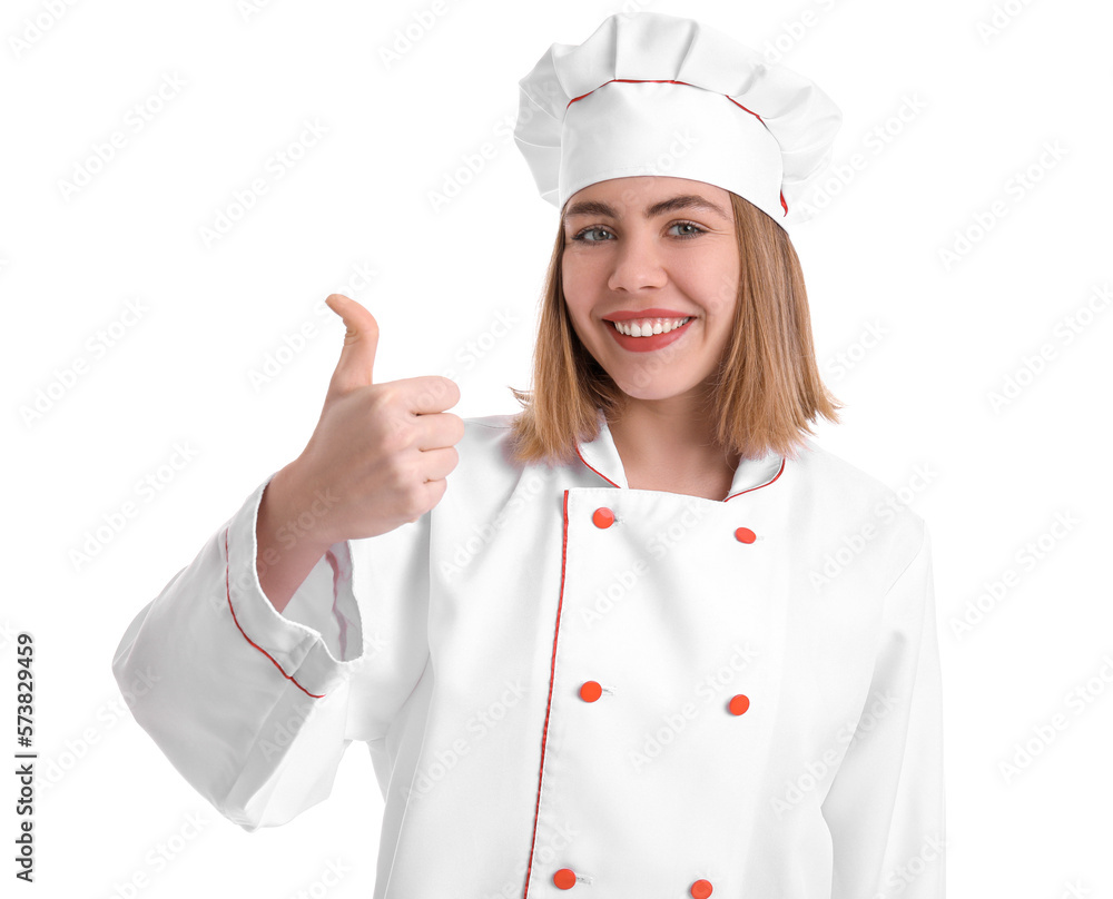 Female baker in uniform showing thumb-up on white background