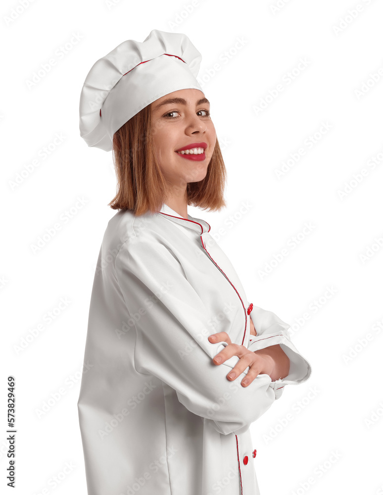 Female baker in uniform on white background