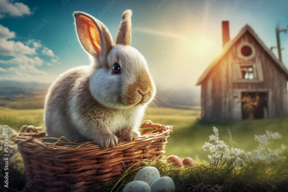 Cute Easter bunny in a basket with Easter eggs around. Created with Generative AI technology.