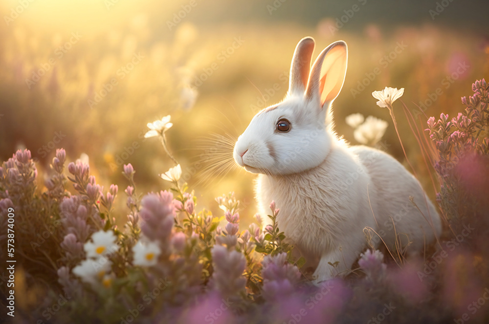 Cute rabbit among wild flowers in a sunny morning with sun behind. Fictional illustration. Created w