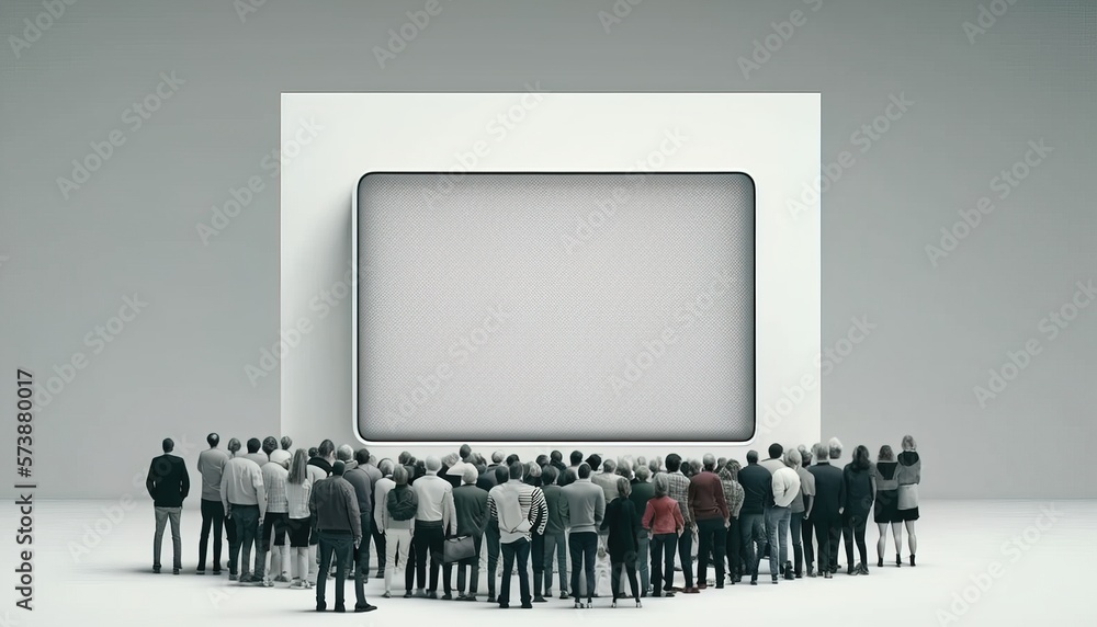 A group of people standing in front of a white square frame with a white background widescreen an am