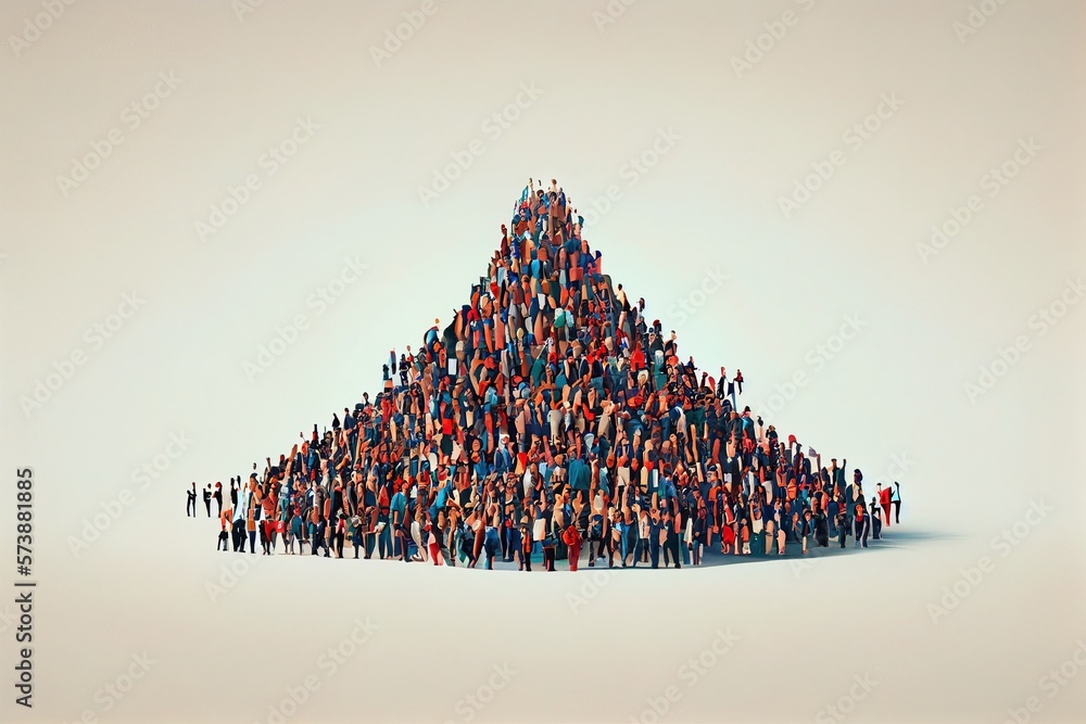 A large group of people standing in front of a pyramid of people in a white background golden ratio 