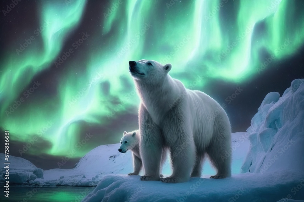 Two polar bears standing on a snowy surface with the aurora lights in the background and the moon in