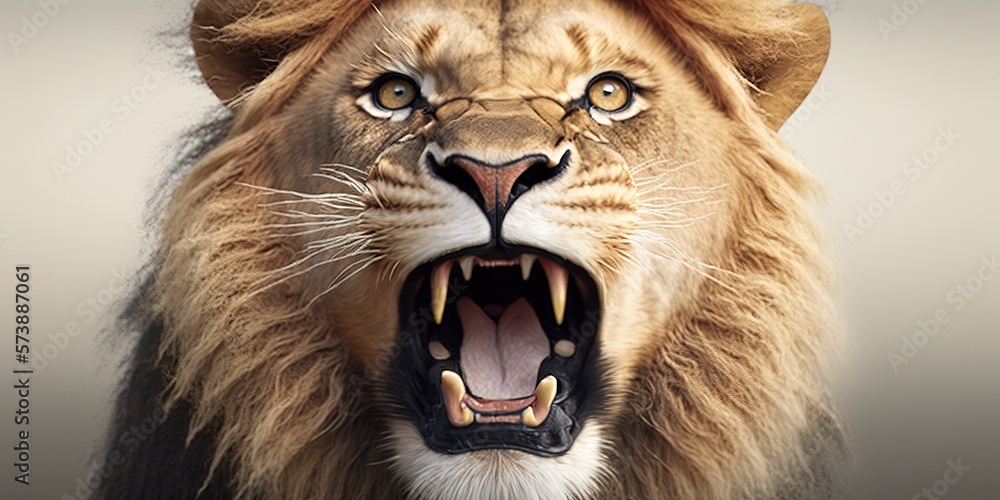 A lion with its mouth open and its teeth wide open and its mouth angry a poster photorealism