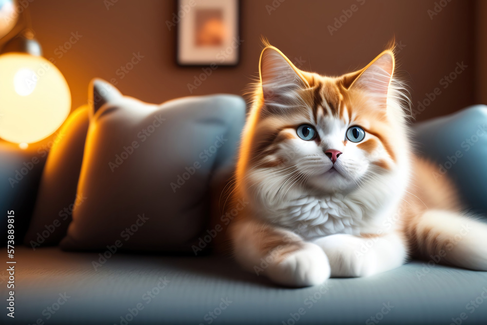 A cute young fluffy light cat lies and poses on the sofa in the living room.