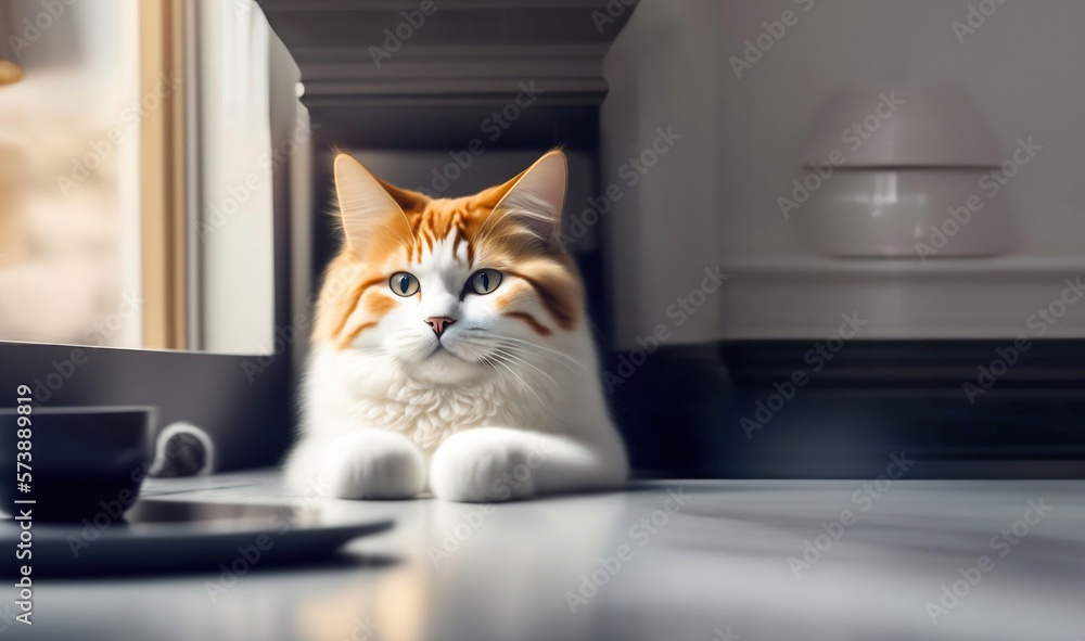 Serious beautiful cat is sitting at the kitchen table. AI generated.