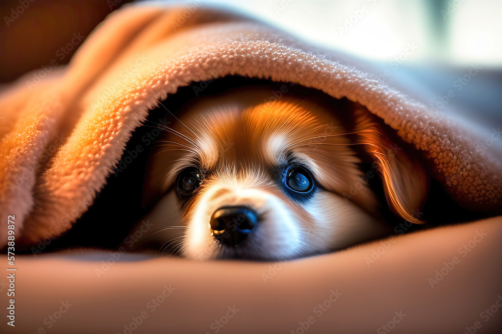 A cute young puppy hid under a fluffy plaid and looks at you attentively. AI generated.