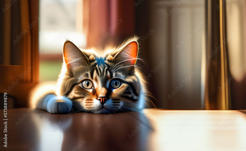 A cute young fluffy cat peeks out from behind the tabletop, a funny curious look.. AI generated.