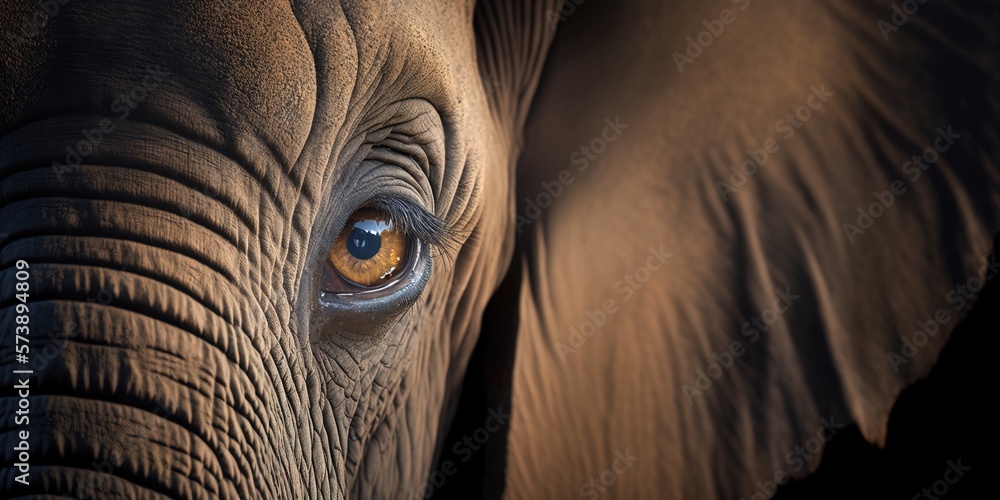 An elephant with a blue eye and a brown trunk with a white stripe on it piercing eyes a macro photog