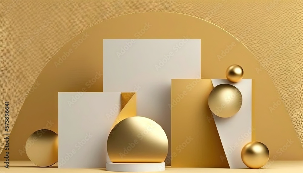  a gold and white abstract background with a gold and white vase and two gold balls on a white base 