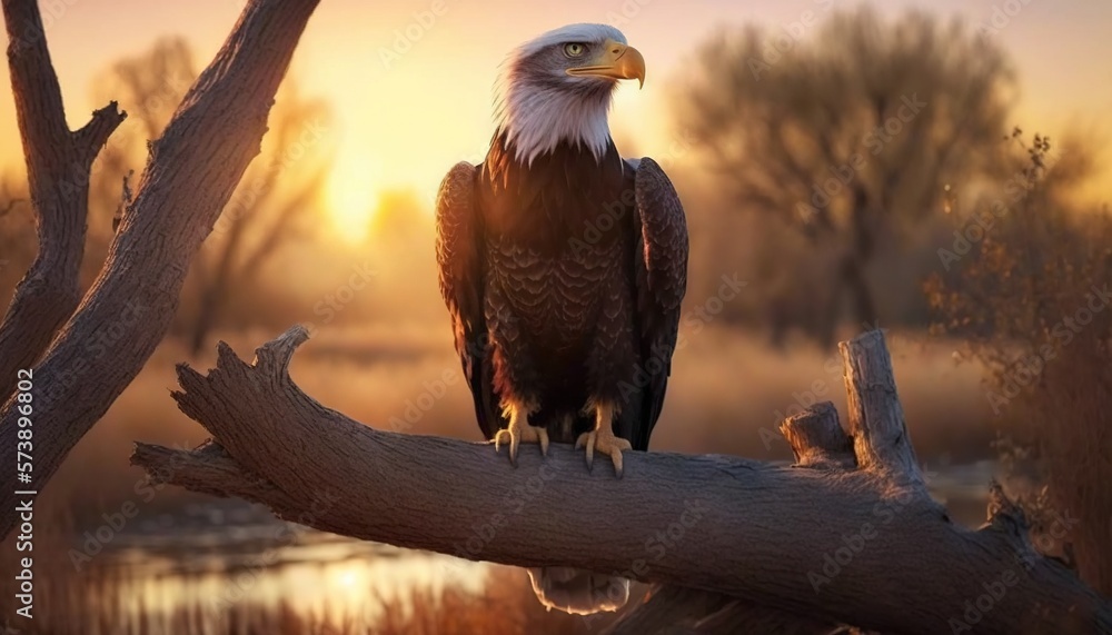  a bald eagle perched on a tree branch in a marshy area at sunset with the sun setting in the distan