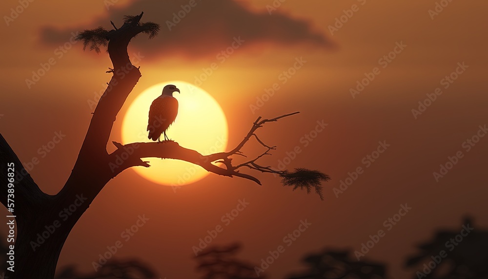  a bird perched on a tree branch in front of a sunset with clouds and trees in the background and th