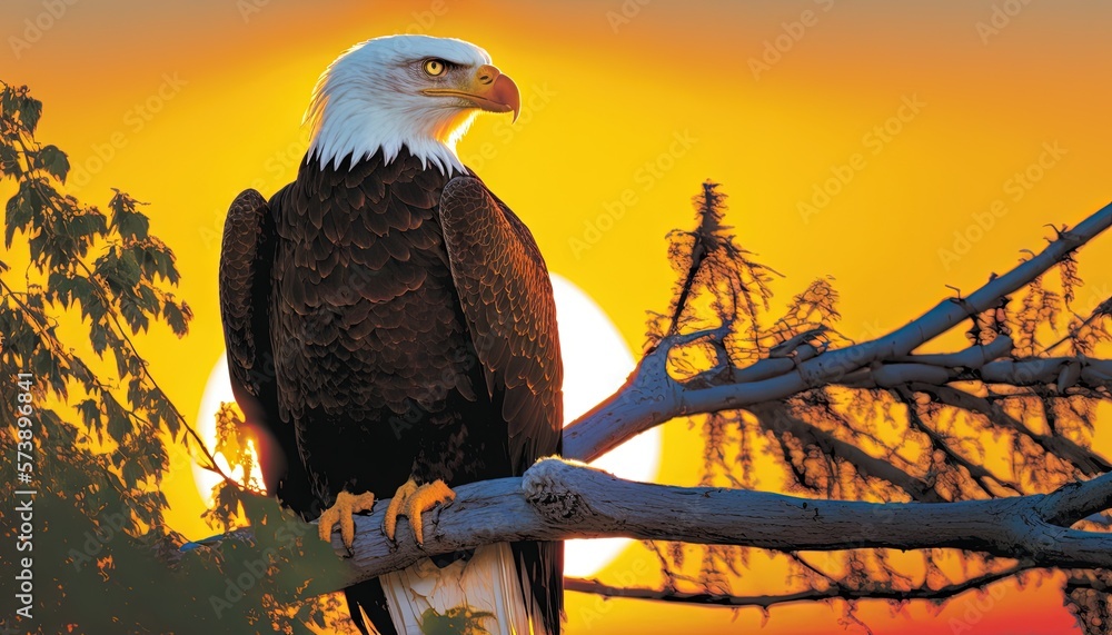  a bald eagle sitting on a tree branch at sunset with the sun in the background and a tree branch in