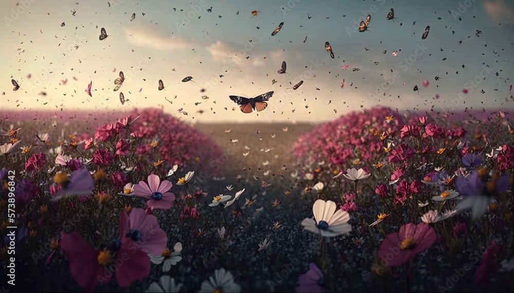  a field full of flowers with a butterfly flying over it and a sky background with clouds and a few 