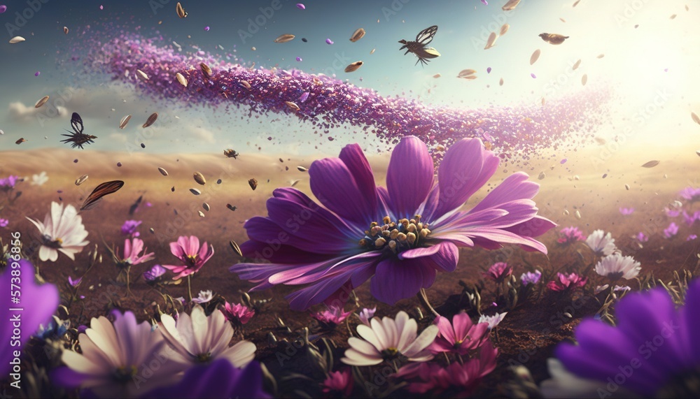  a field full of purple and white flowers with butterflies flying around it and a purple and white f