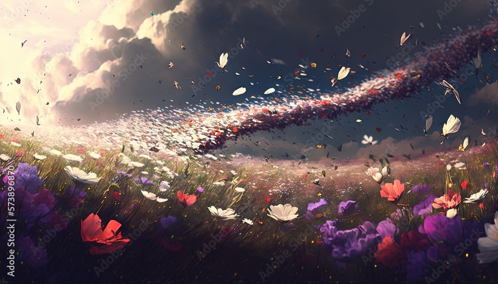  a painting of a field of flowers with a plane in the sky in the background and a cloud in the sky w