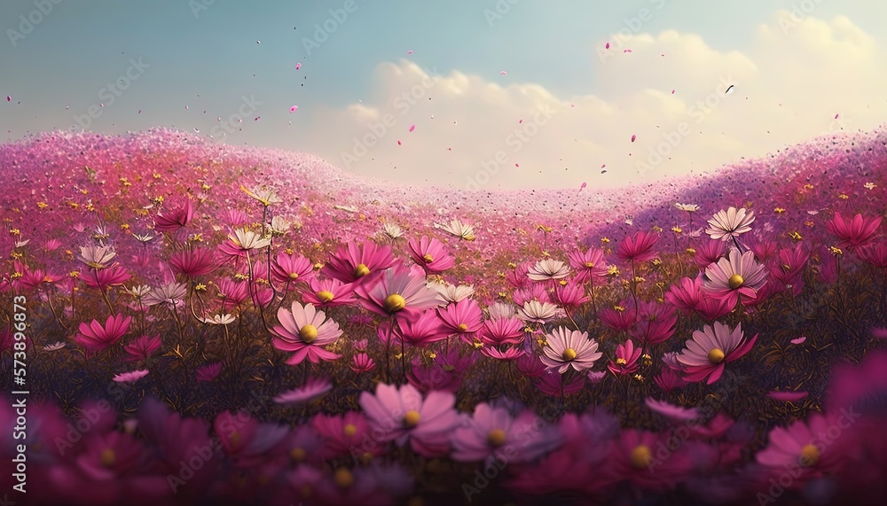  a painting of a field of flowers with a blue sky in the background and pink flowers in the foregrou