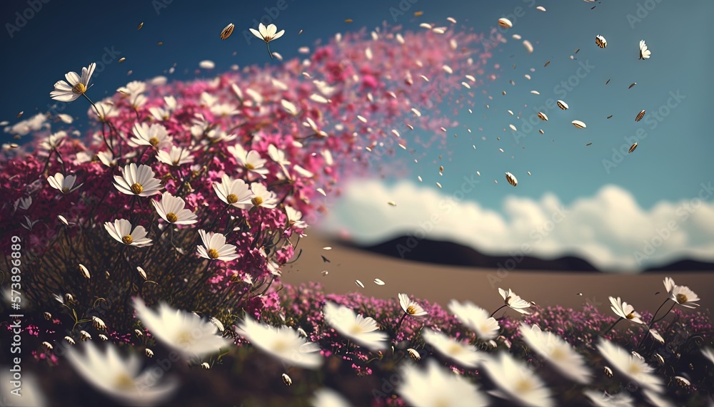  a bunch of white and pink flowers in a field with a blue sky in the background and a few white and 