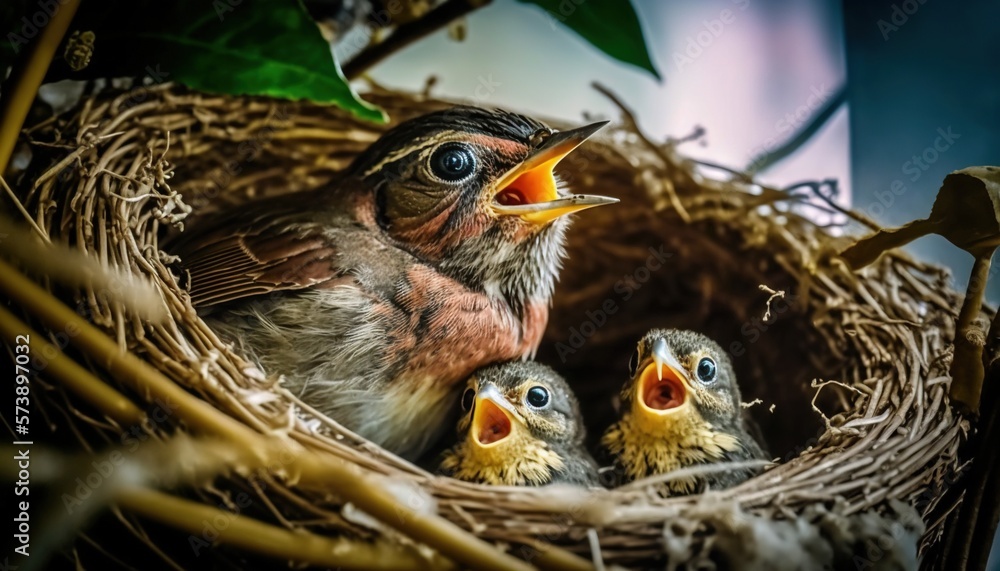  a nest with three baby birds in it and a mother bird in the middle of its nest with two babies in 