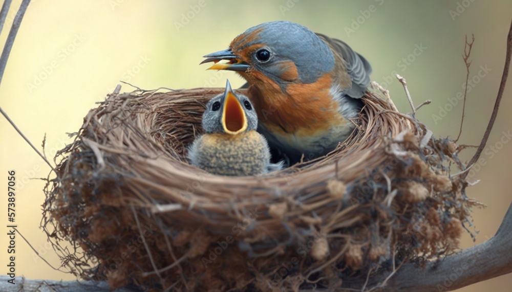  a bird is feeding its young in a nest on a tree branch in the sun, with its beak open and mouth wid