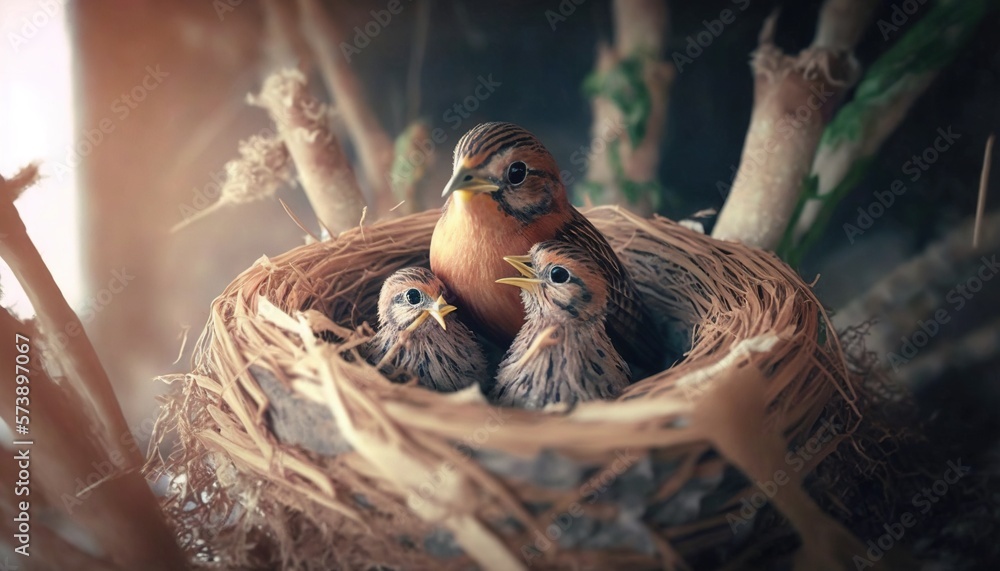  a bird nest with three baby birds in its nest, in front of a tree with no leaves and a sun shining