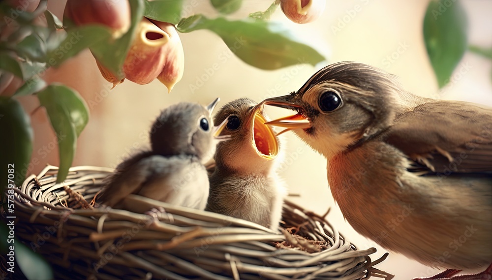  a mother bird feeding her babies in a nest with flowers in the background and a flower pot with flo