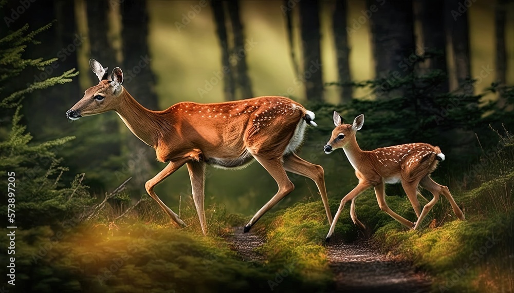  a couple of deer walking across a forest next to a forest trail with trees on both sides of the pat