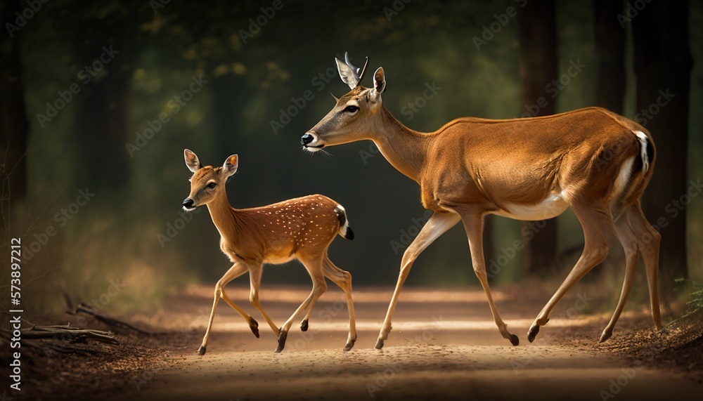  a couple of deer walking across a dirt road next to a forest filled with green trees on a sunny day