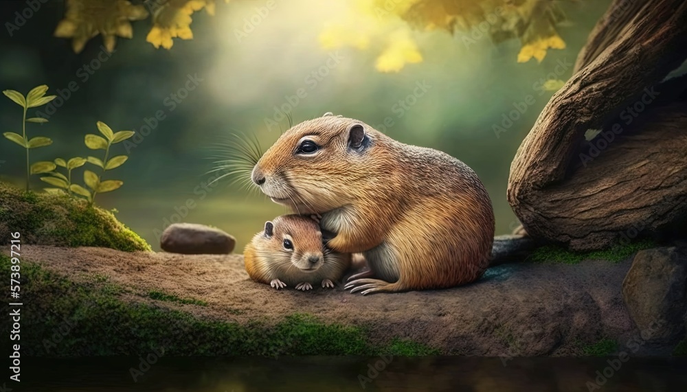  a painting of a mother groundhog and her baby in a forest setting with a pond in the foreground and