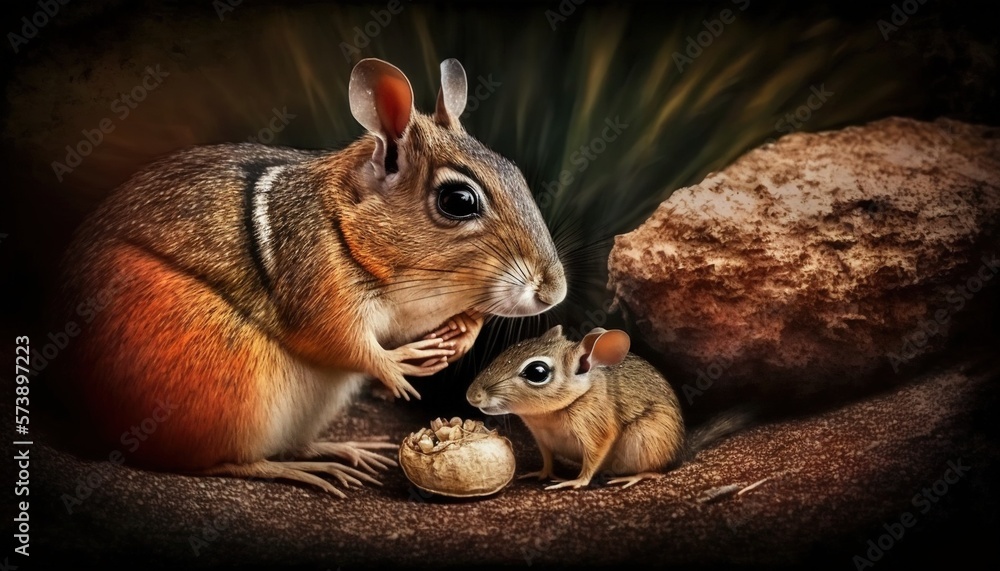  a mouse and a mouse in a cave with a rock in the background and a rock in the foreground with a sma