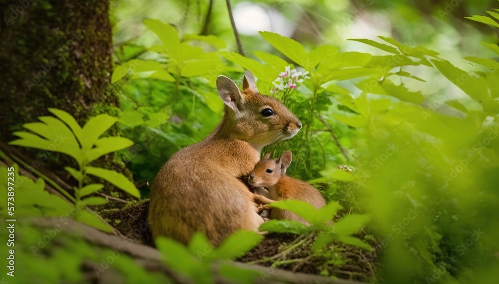  a couple of animals that are in the grass together in the woods and some plants and trees in the ba