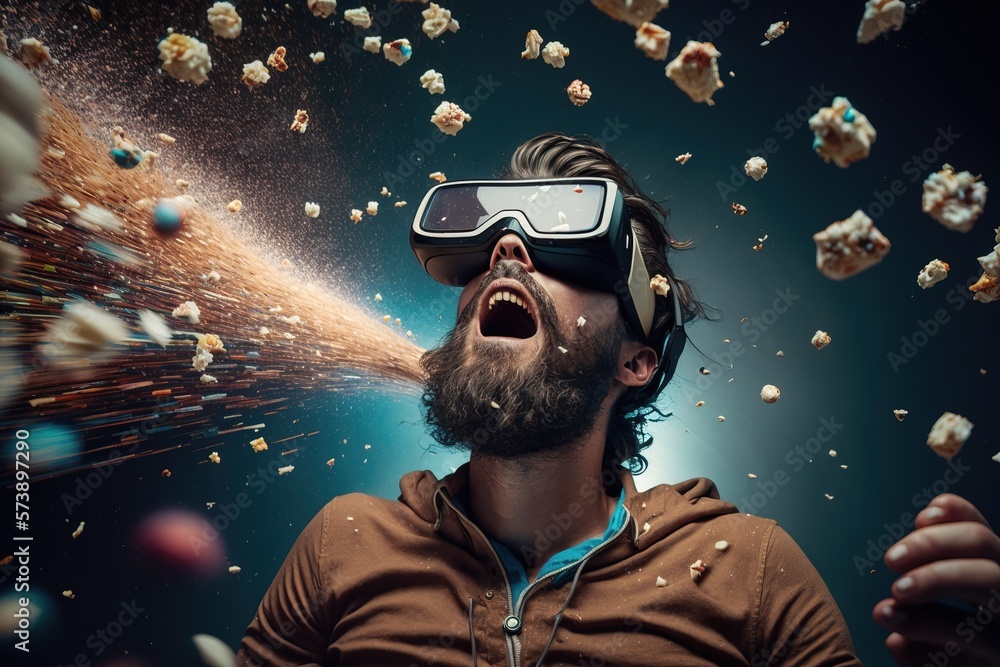 A man with a beard and glasses is screaming while flying through the air with popcorn cinema 4 d a 3