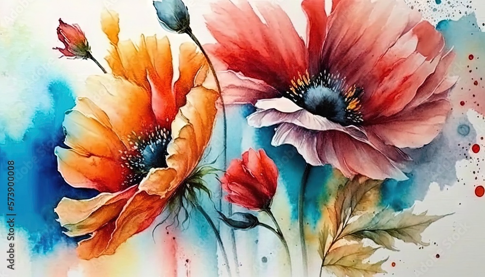  a painting of two flowers with watercolors on its surface and a splash of paint on the back of the