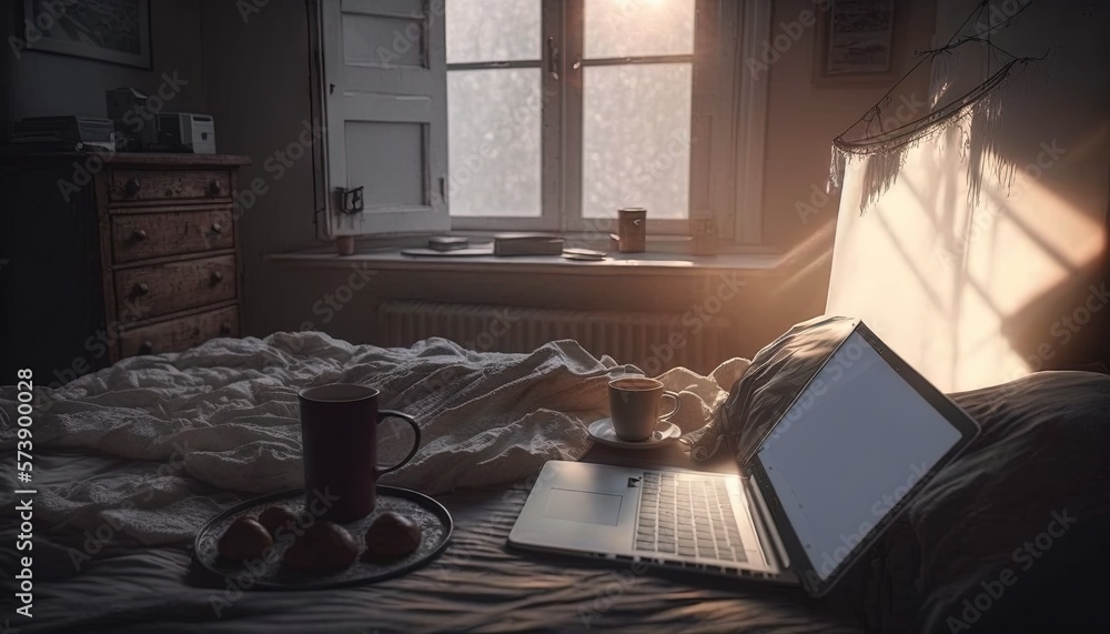  a laptop computer sitting on top of a bed next to a cup of coffee and a plate of eggs on a tray nex