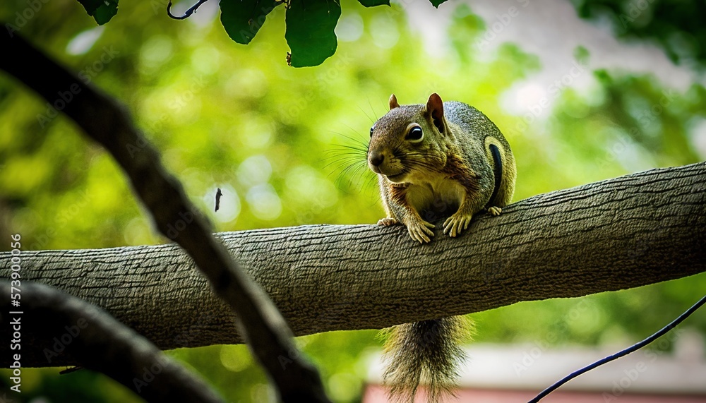  a squirrel is sitting on a tree branch and looking at the camera with a surprised look on its face 