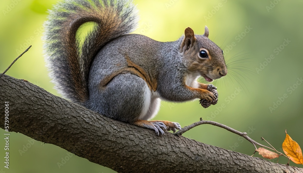  a squirrel is sitting on a tree branch eating a pine cone in a forest setting with green leaves and