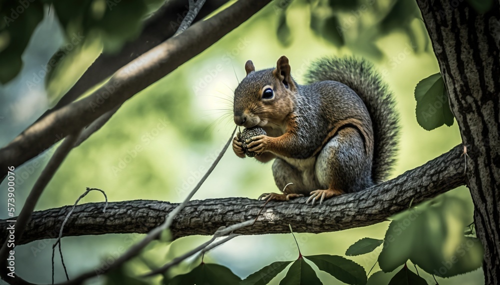  a squirrel is sitting on a tree branch eating a piece of food in its mouth and looking at the camer