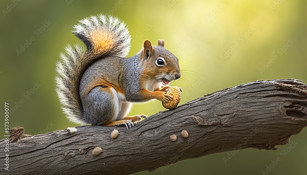  a squirrel is eating a nut on a tree branch in a forest, with a blurry background of leaves and a t