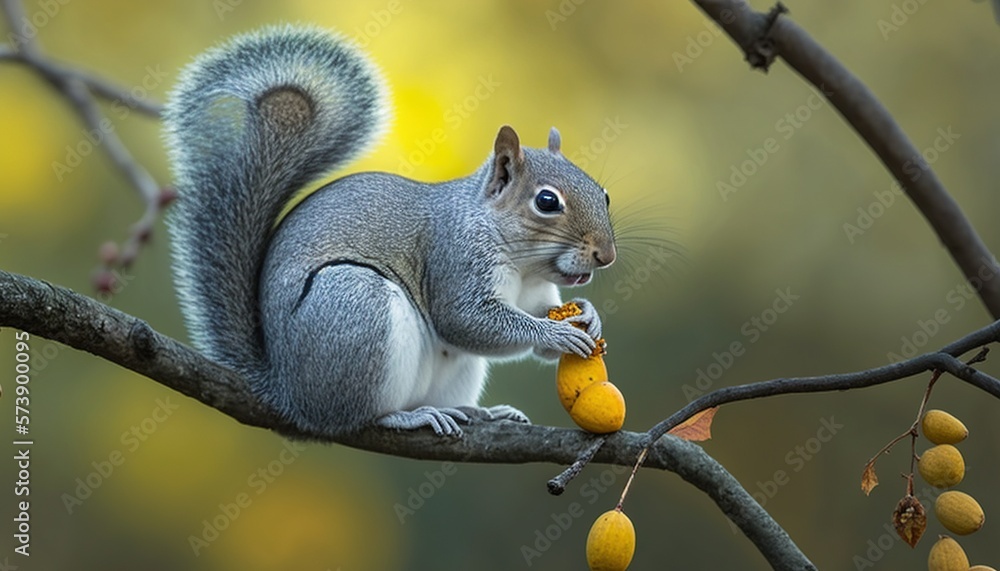  a squirrel is eating a nut on a tree branch with yellow berries in the foreground and a blurry back