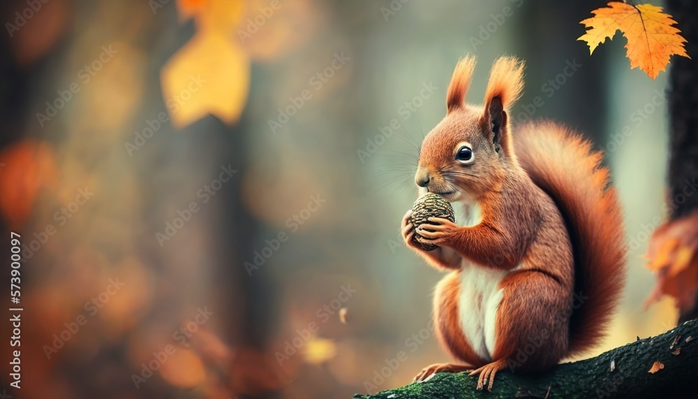  a red squirrel eating a pine cone in a forest with autumn leaves on the ground and on the tree trun