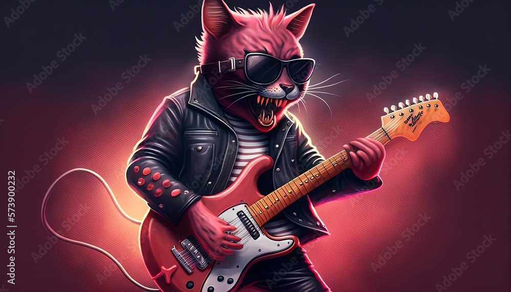  a cat wearing sunglasses and a leather jacket playing a guitar with a red light behind it and a bla