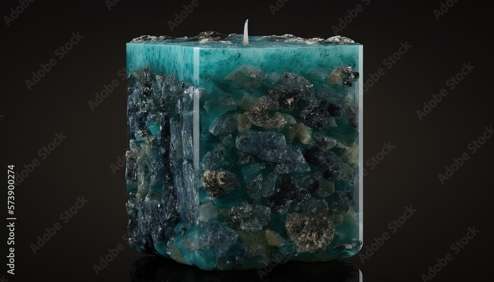  a candle that has some kind of rock inside of it on a black surface with a reflection of the candle