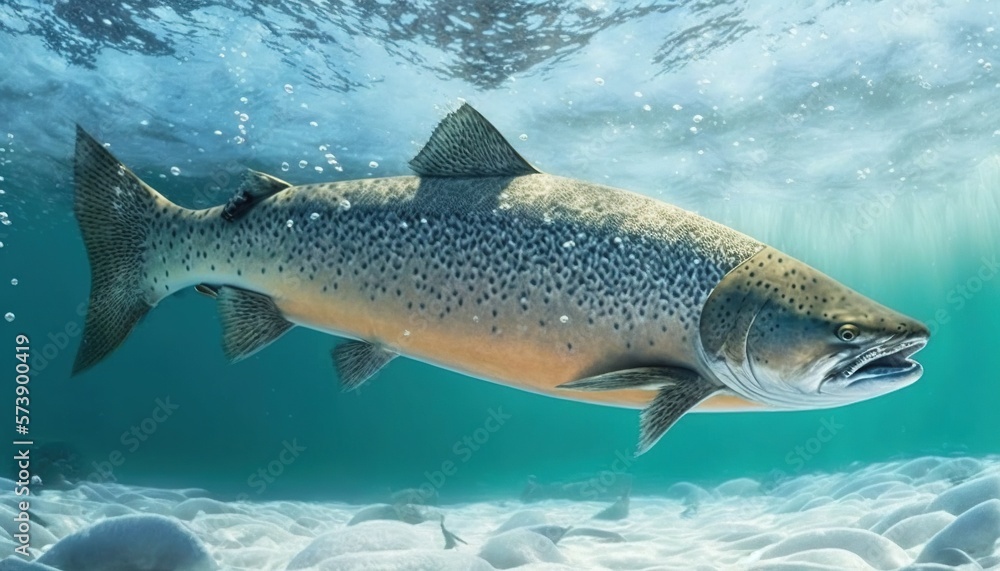  a large fish is swimming in the water near the rocks and sand under the water surface, with bubbles