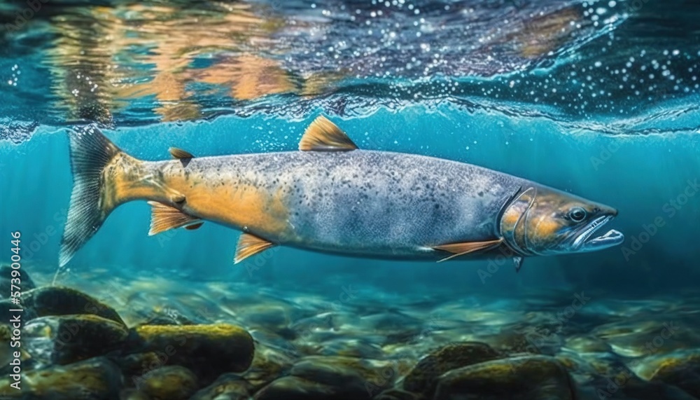  a large fish swimming in the water near rocks and waterweeds on a sunny day with sunlight streaming