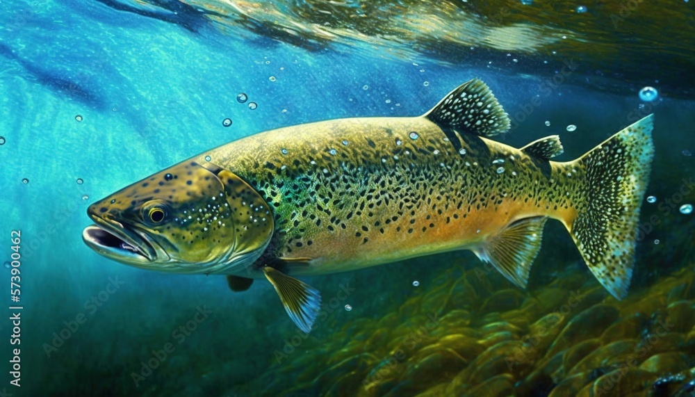  a large brown fish swimming in the water with bubbles on its body and a large amount of water arou