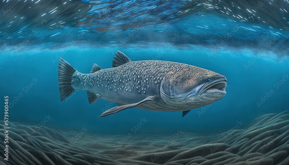  a large fish is swimming in the water near the surface of the water and under the surface of the wa